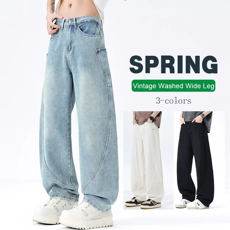 

Vintage Washed Curved Baggy Wide Leg Jeans Men Spring Solid Color Big Pocket Pants Streetwear Hip Hop Casual Denim Trousers