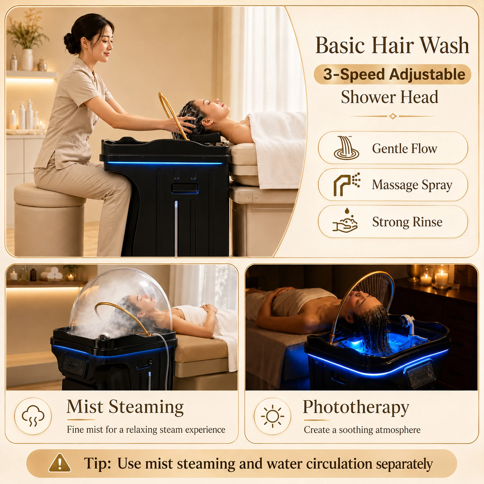 2026 Tragbares Kopftherapie-SPA-Shampoo-Becken mit 60-Liter-Tank, konstanter Temperaturheizung, ohne Wasseranschluss, Dampfbefeuchtung, Haarwaschmaschine – Detail 6