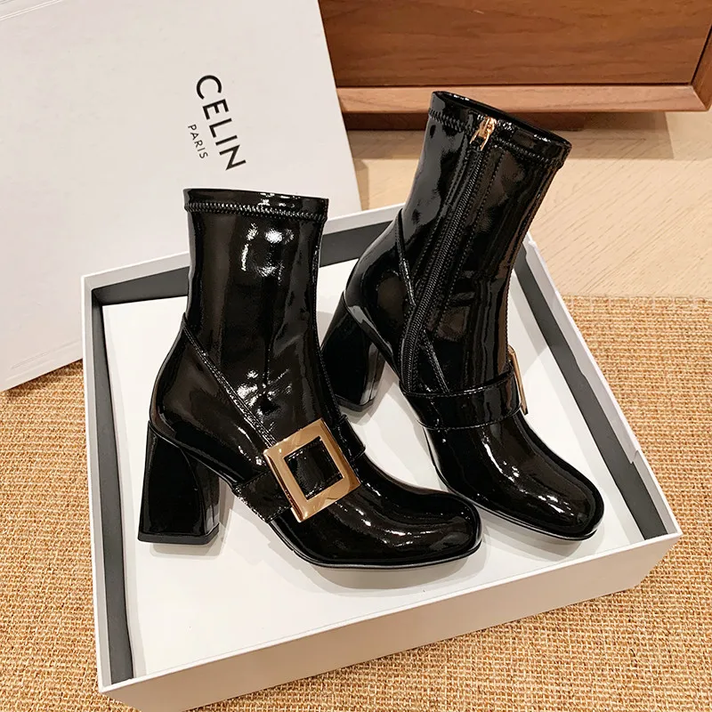 

MKKHOU Fashion Short Boots Women's New High Quality Lacquer Leather Boots Round Head Crystal Square Buckle Calf Winter Boots