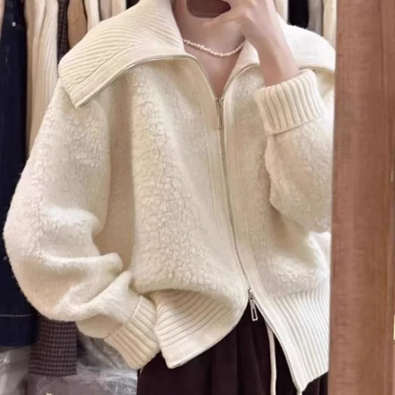 Thickened Short Large Lapel Wool Sweater Jacket Women's Autumn and Winter Wear Loose Knitted Cardigan