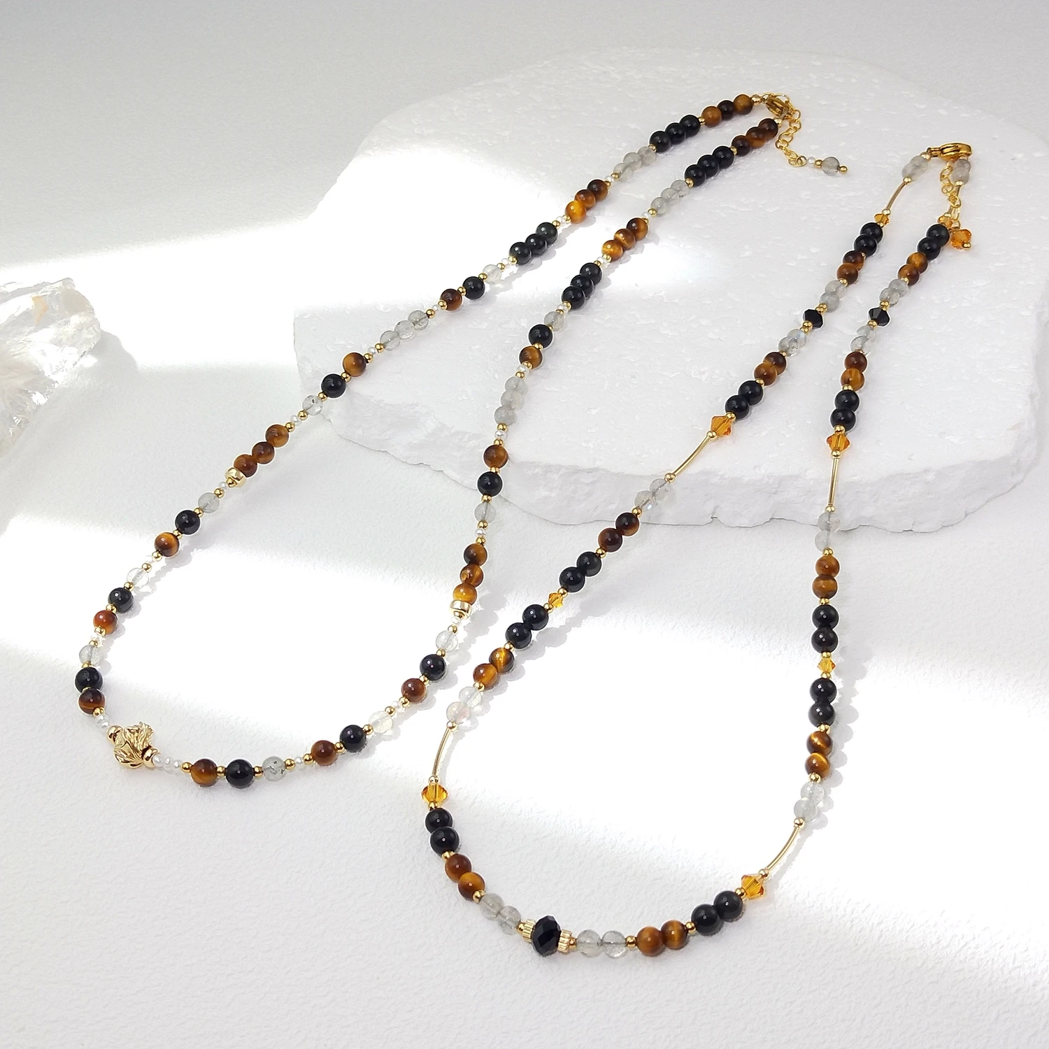 Lii Ji Tiger's Eye Labradorite Obsidian Natural Stone 4mm 14K Gold Filled Necklace For Women Girls Gift 45+3cm