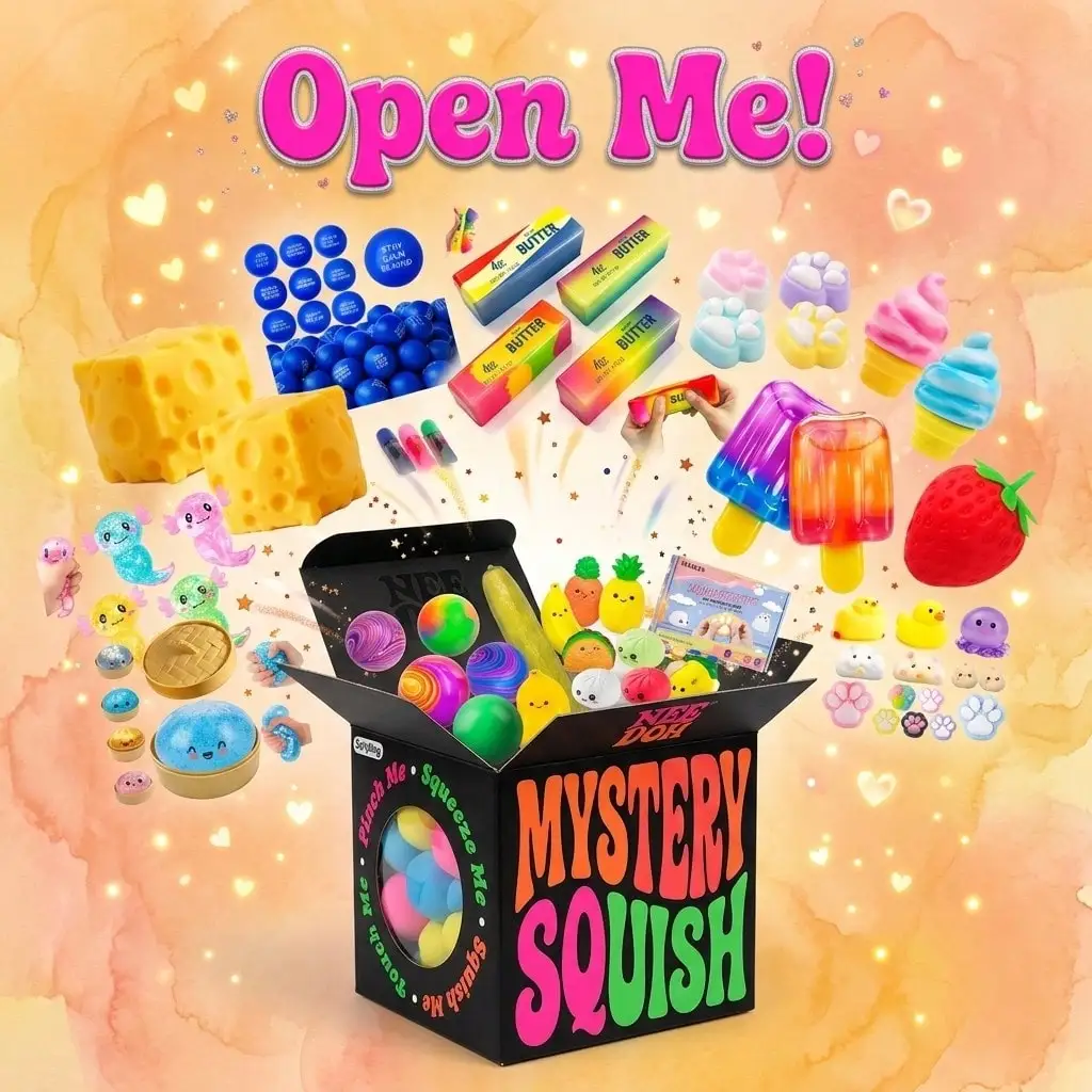 

Open Me Nee Doh Mystery Squish Blind Box, Random Butter Stick Cheese Strawberry Popsicle Dumpling Fruit Animal Jelly Squeeze Fidget Toy, Elastic TPR Stress Relief Sensory Prank Toy, Surprise Collectible Gift & Blind Box Filler for Birthday Party