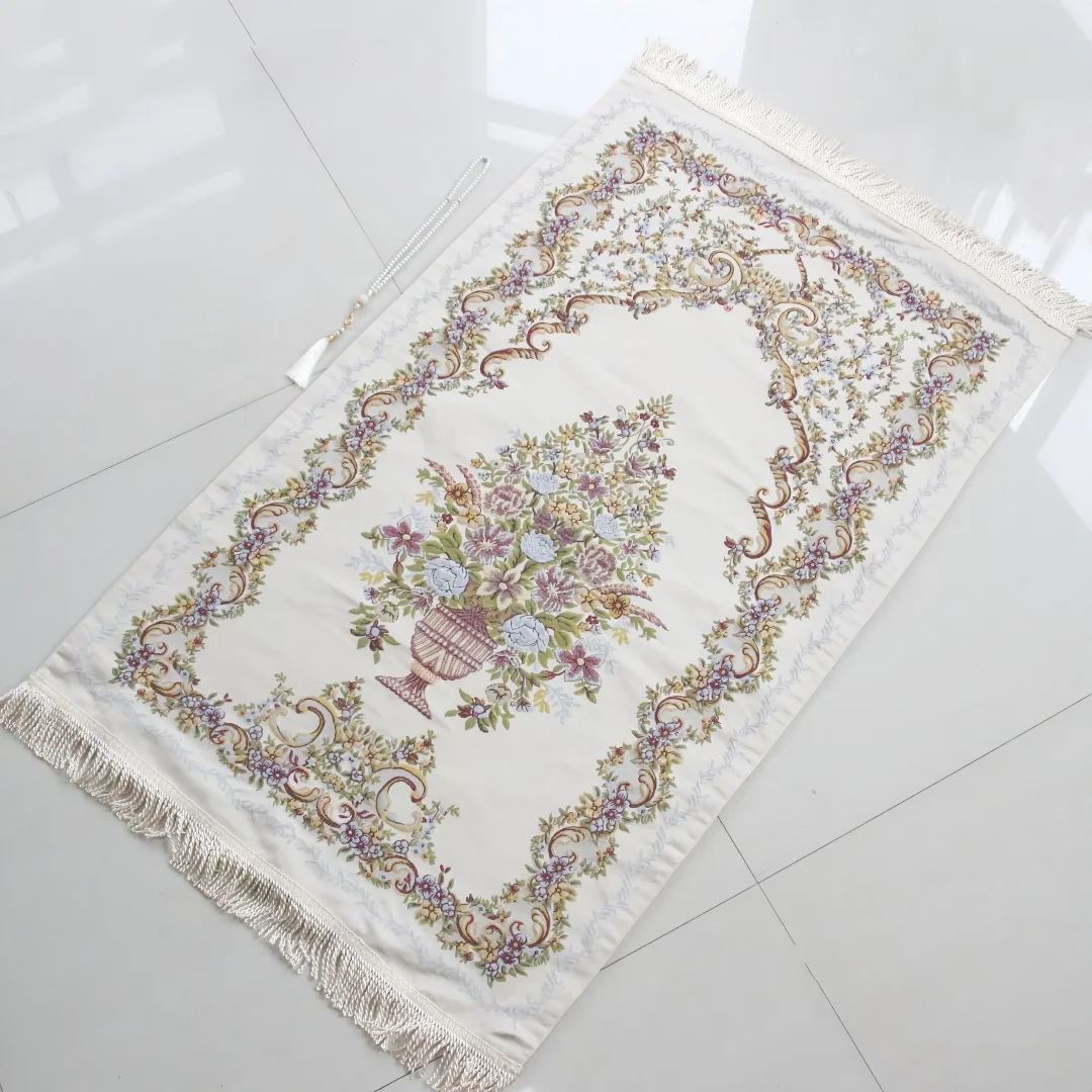Imitation Silk Flower Basket Prayer Rug, 3D Embroidery Craft, Adult Long Prayer Mat, Ideal Worship Pad for Home Use and Gifting