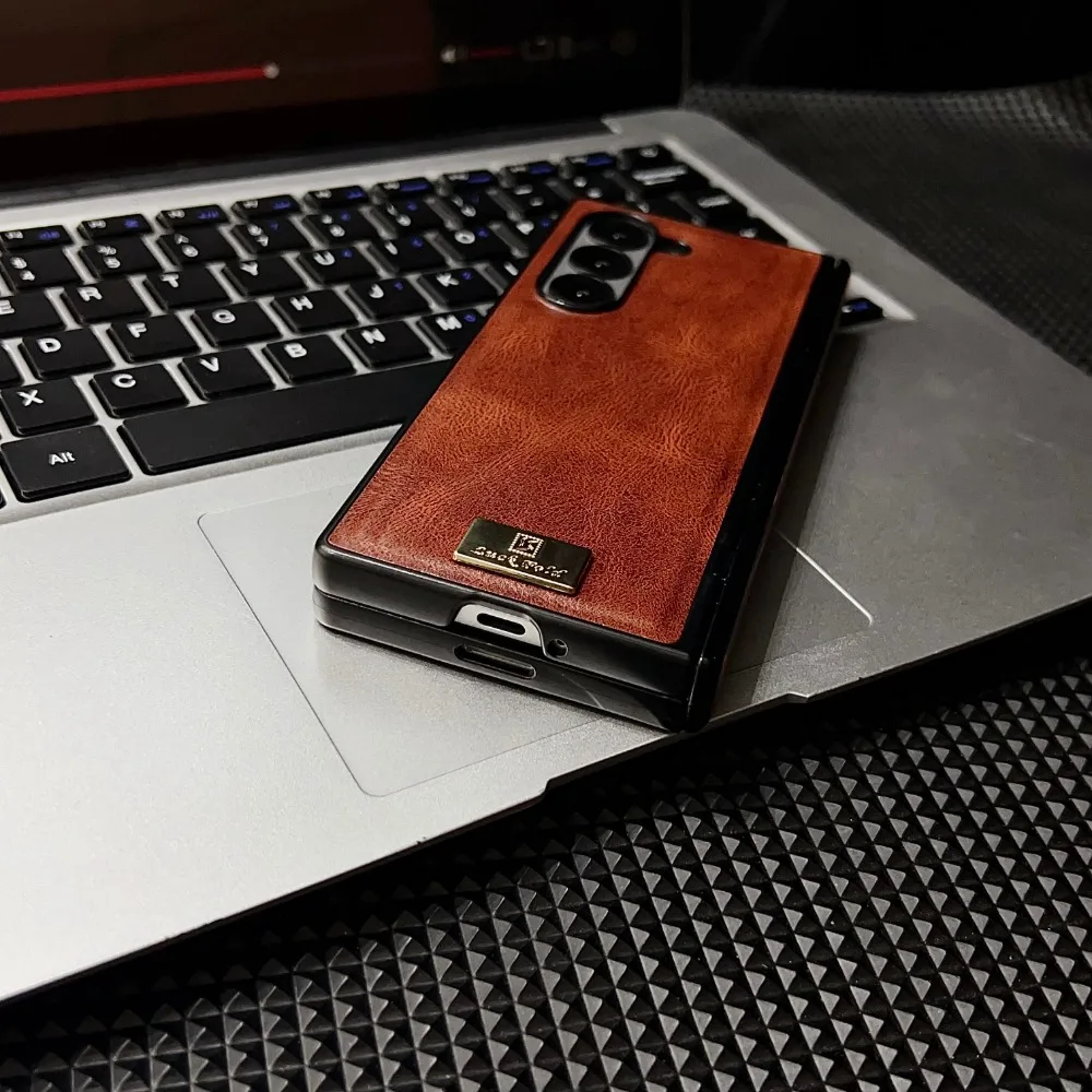 Retro หนัง Hard SHELL สําหรับ Samsung Galaxy Z พับ 6 5 4 3 Fold6 Fold5 Fold4 Fold3 กันกระแทกบานพับฝาครอบป้องกัน