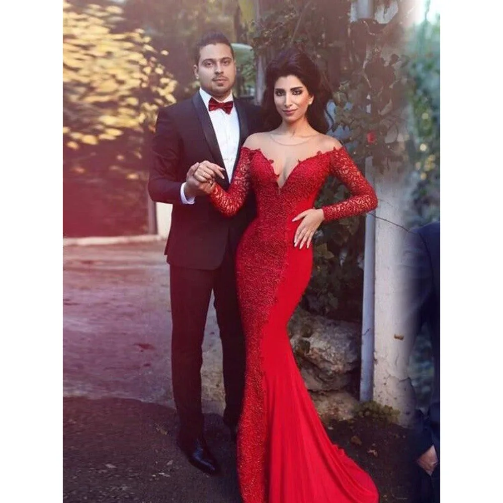 Luxury Red Wedding Party Dresses O-Neck Floor Length Trumpet Backless Full Sleeves Illusion Elegant Women Prom Banquet Gowns