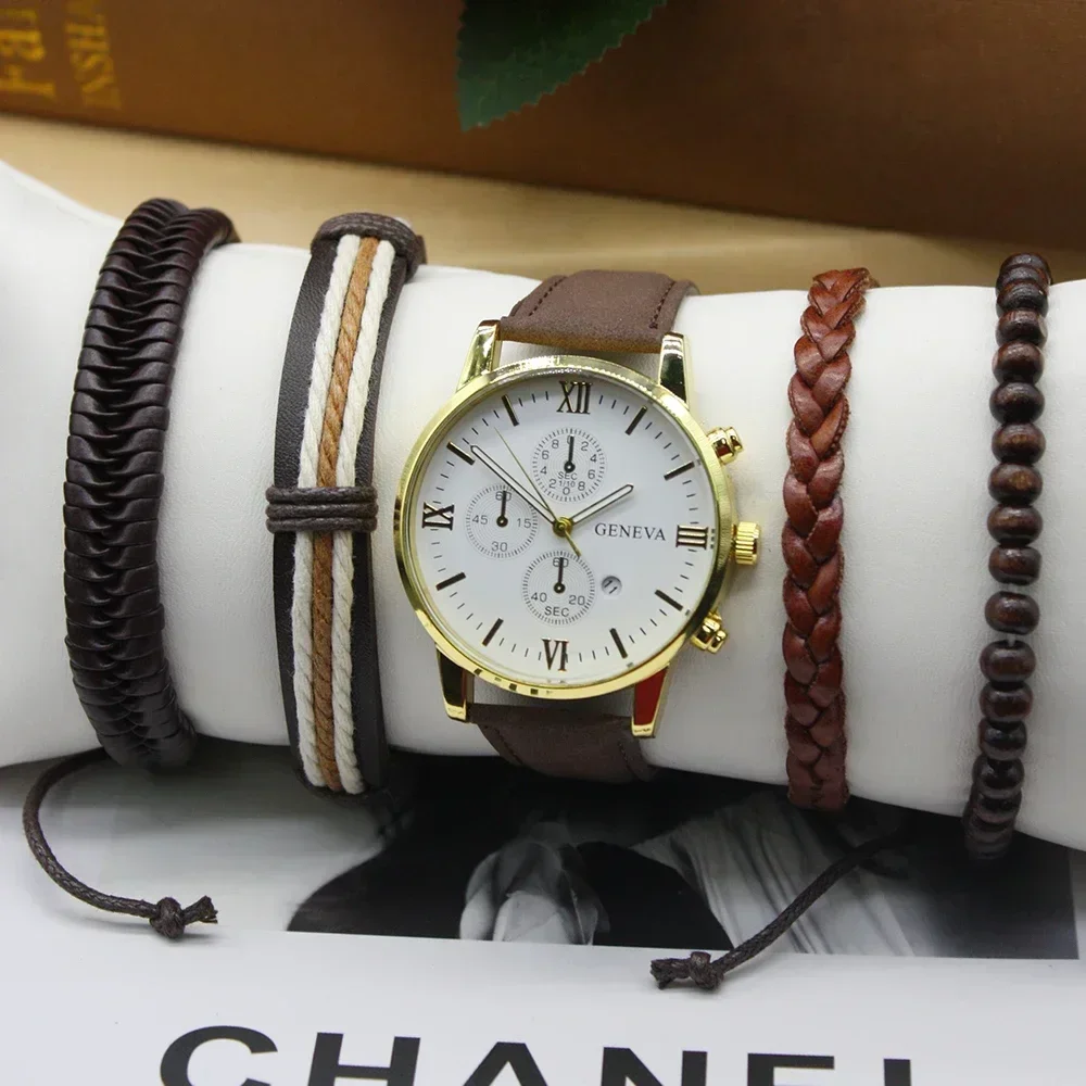 남성용 하이 엔드 트렌드 쿼츠 시계, 패션 기질 비즈니스 대형 다이얼 매칭 팔찌 상자, 5 개 세트