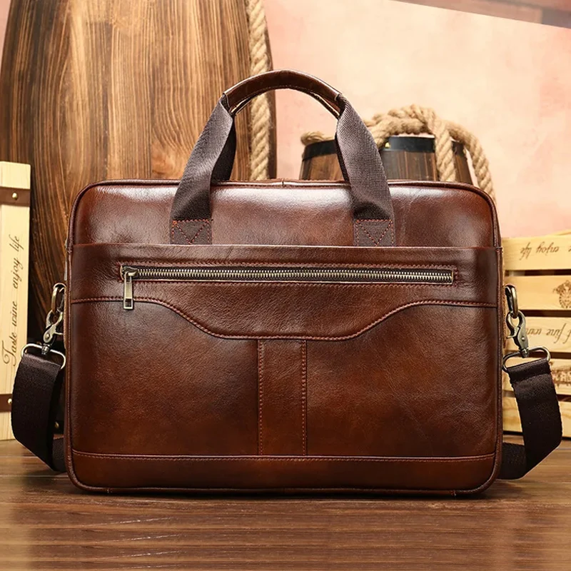 Luxury Brand Leather Men Laptop Bag 14 Inch Genuine Leather Business Bag Male Briefcases Work Tote With Strap Male Messenger Bag