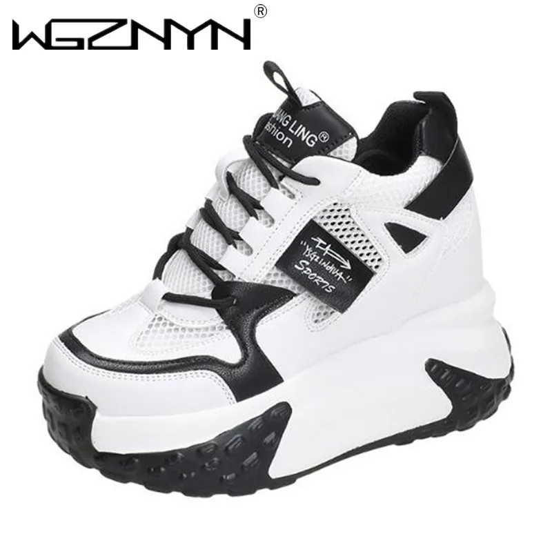 Women High Platform Casual Leather Shoes 2024 New Autumn Lace-up Chunky Sneakers 10CM Wedges Hidden Heels Leisure Shoes Woman