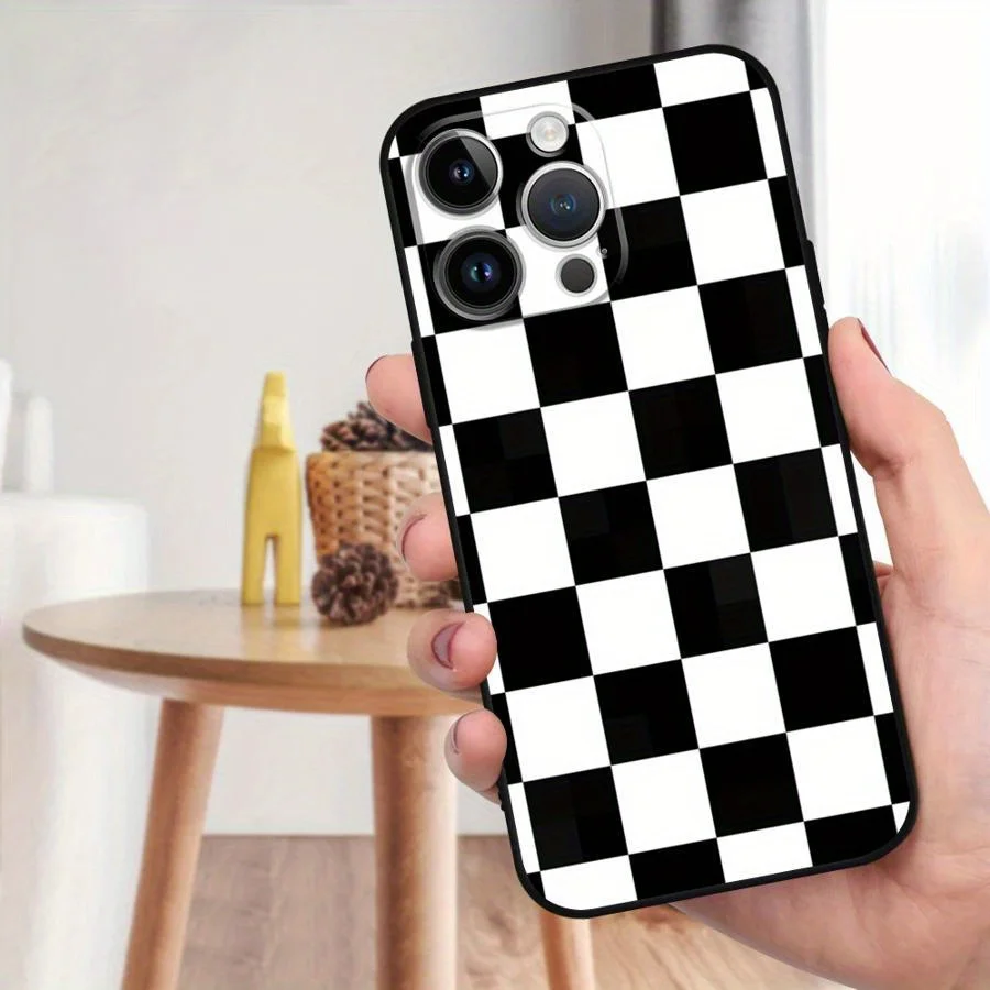 Casing ponsel TPU desain kotak-kotak hitam putih cocok untuk iPhone 17 16 15 14 13 1211 Pro/ Max /Plus, casing lembut matte all-inclusive