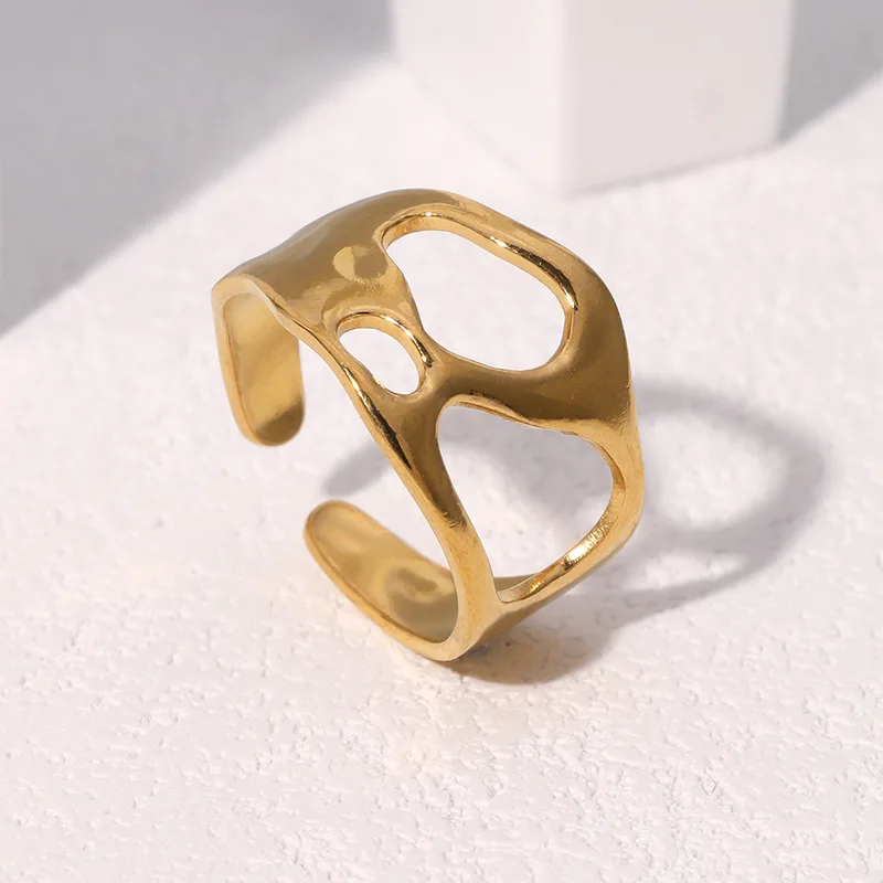 خاتم نسائي مفتوح غير منتظم مطلي بالذهب من الفولاذ المقاوم للصدأ مفتوح قابل للتعديل خاتم إصبع مجوهرات جمالية Anillos Mujer