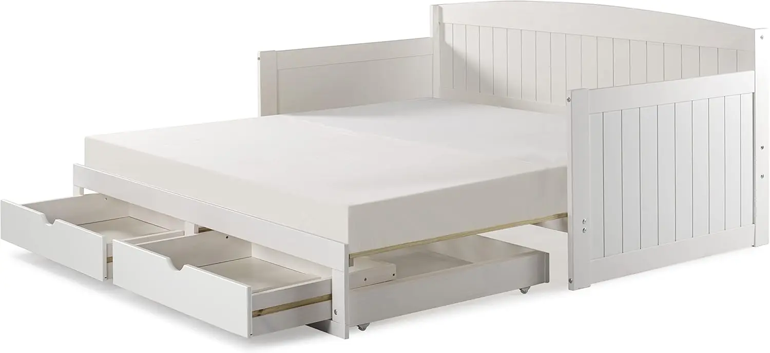 Harmony Wood Daybed, Single, White Brazilian Pine Trundle Bed For Sleepovers With Kids, 2 Pull-Out Drawers, 440 Lbs Weight