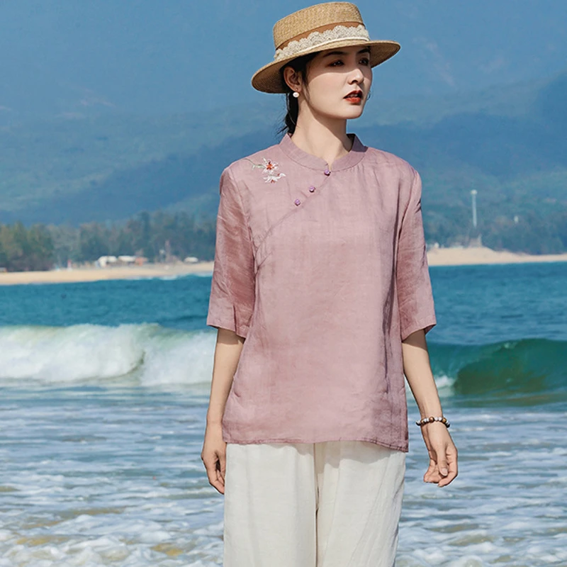 

Chinese Style Women Ramie Shirt New Arrival 2026 Summer Vintage Floral Embroidery Female Half Sleeve Casual Tops Shirts M2585