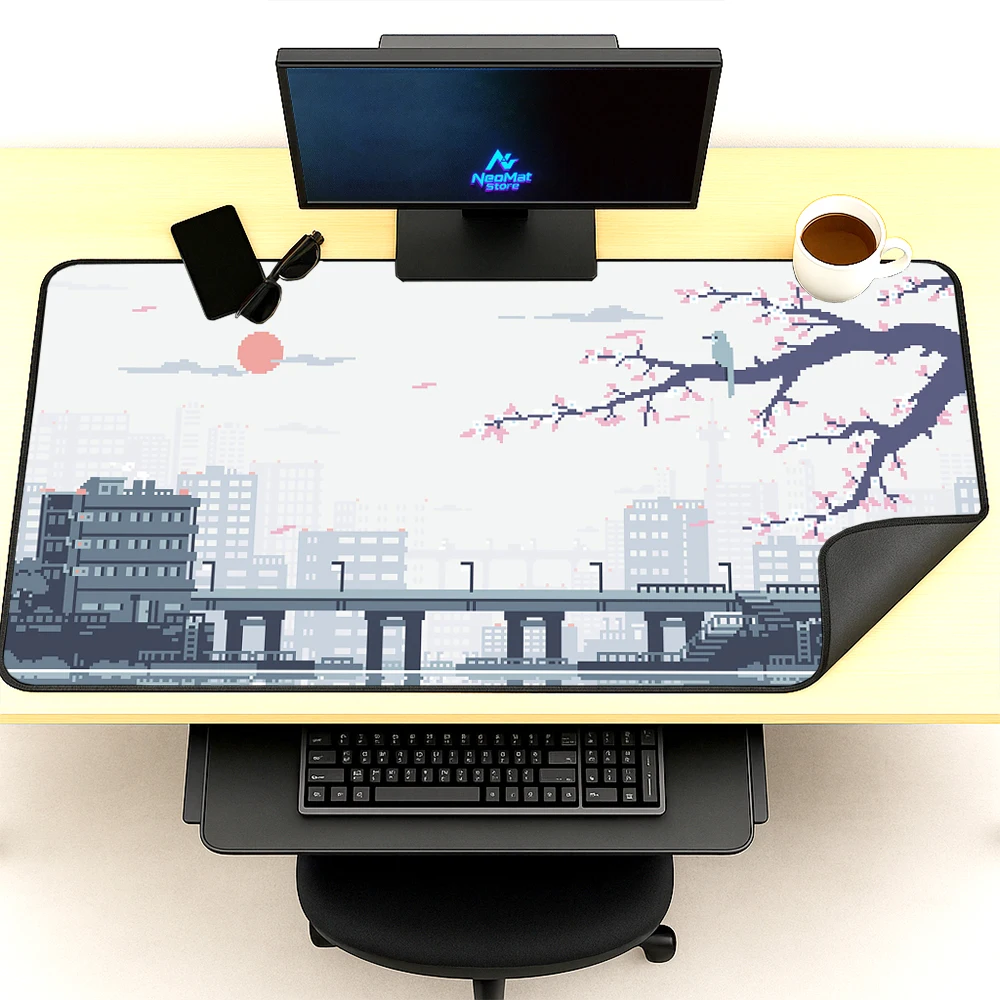 Japanese Pixel Gaming Office Gamer Mat Big Desk Waterproof 1400x600 City Sunset Cherry Sakura Blossom Aesthetic Supplies