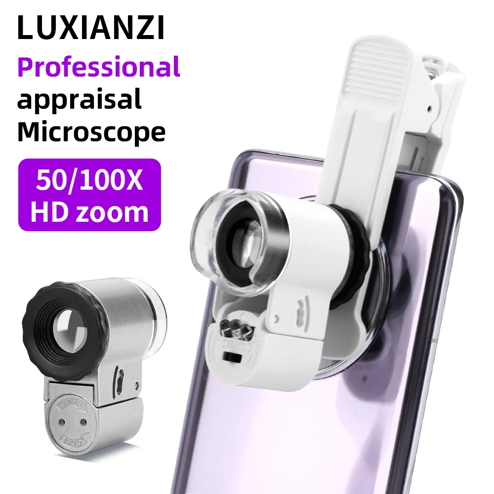 LUXIANZI Magnifying Glass 50X Zoom Microscope With LED UV Light Mobile Phone Clip Focusing Adjusted Pocket Universal Magnifier