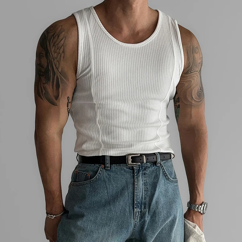 Streetwear Mens Casual Simple Pure Color Vest 2024 Summer Leisure Breathable Slim Elastic Ribbed Camisole Men Vintage Tank Tops