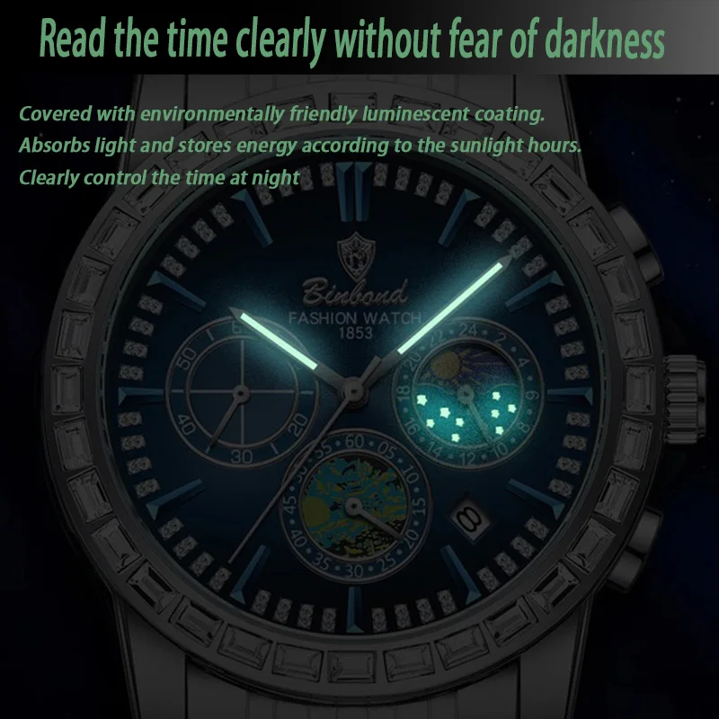 BINBOND  Sports Watches Men Waterproof Luminous Week Calendar Watch Man Quartz Movement Stainless Steel  Fashion Men Watch