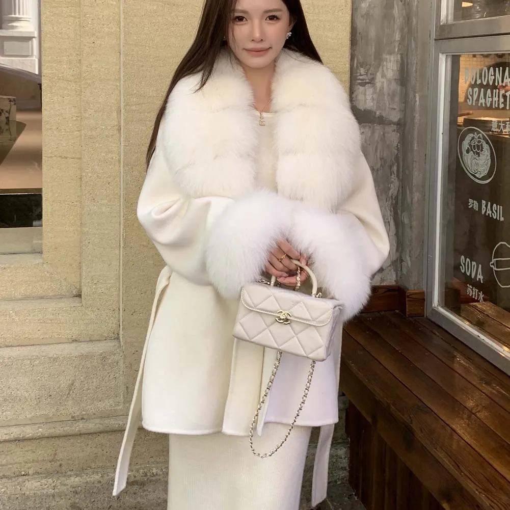 

High-End Double-Faced Wool Coat Women's Mid-Length Loose Fox Fur Collar Autumn Winter Elegant Wool Outerwear