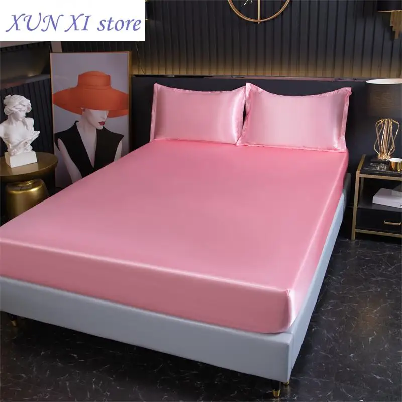 2023 Smooth Fitted Sheet Pillowcase Summer Cooling Bedsheet with Elastic Band Queen Size Mattress Cover Solid Color Bed Linen