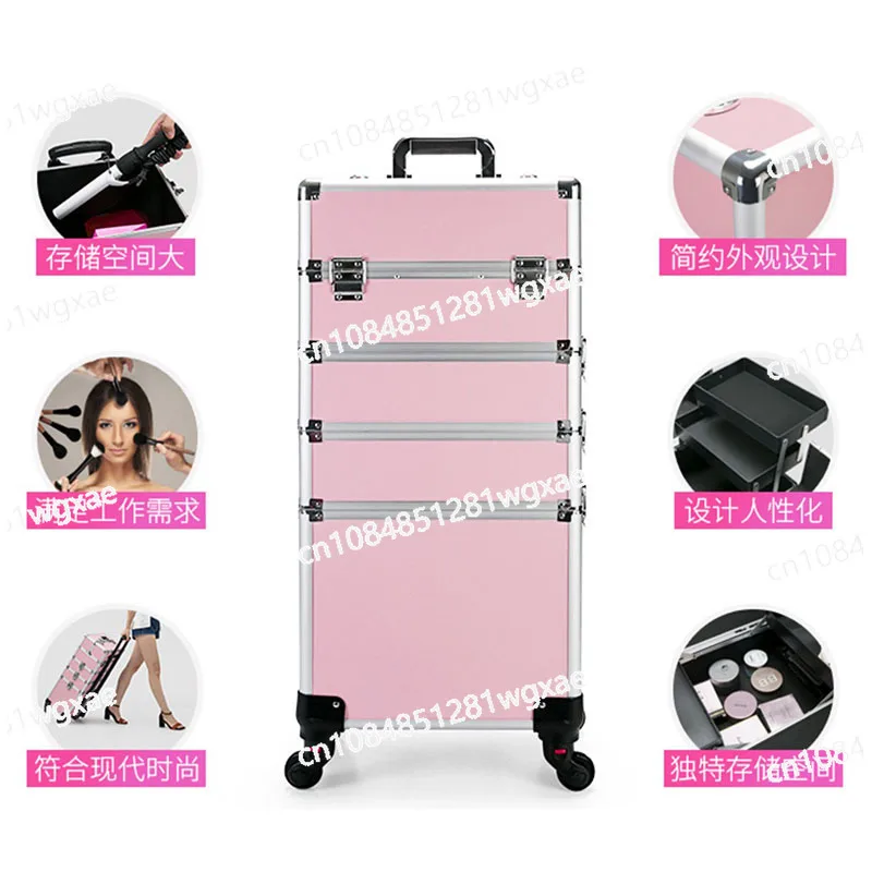 Professional Makeup Suitcase Wheels Large Capacity Cosmetology Manicure Cosmetic Box Folding Rolling Storage Rotating Organizer