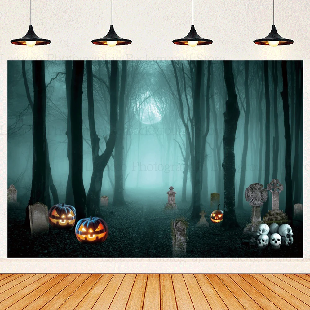 Forest Misty Dark Halloween Photography Background Scary Moon Night Spooky Pumpkin Halloween Party Backdrop Photo Studio Props