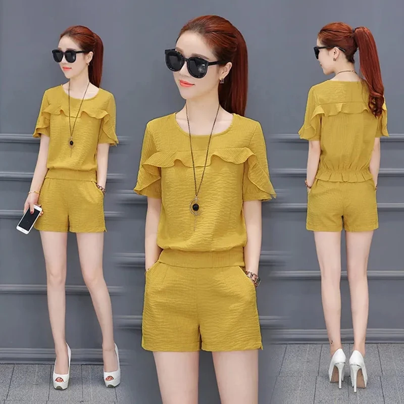 Summer Slim Two Piece Sets Thin Tshirt Tops Conjuntos High Waist Baggy Shorts Suits Korean Casual Ensemble New Ruched Outfit