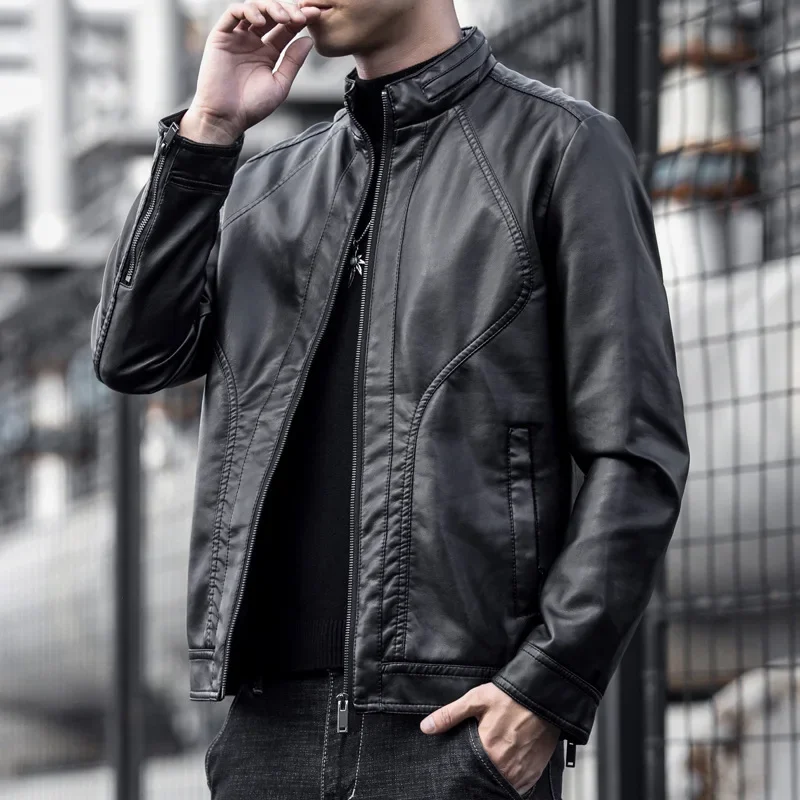 

British Style Retro Faux Sheepskin Jacket Men Stand Collar PU Leather Coat Spring Autumn Motorcycle Clothing Waterproof Outwear