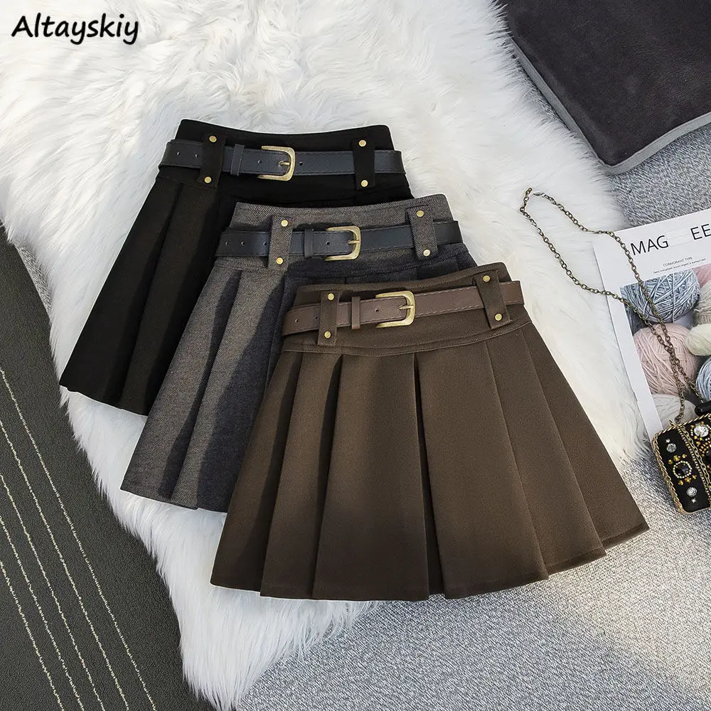 

Skirt Women New Winter Pleated Preppy Style High Waist Gentle Classic Pure Mini Keep Warm Woolen Hotsweet All-match Harajuku Y2k