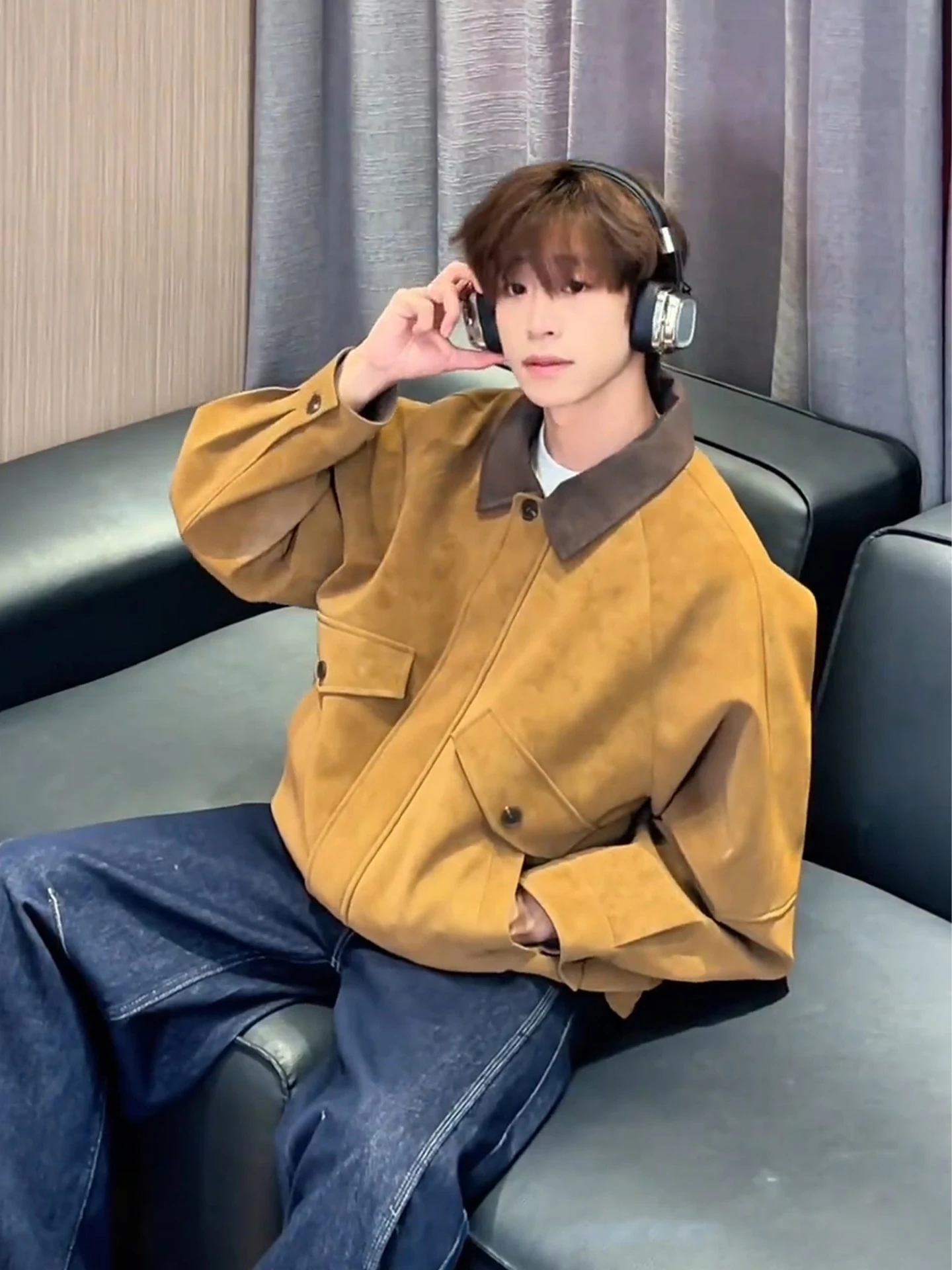 

Кожаная куртка Amber Glow коричневого цвета для мужчин, с воротником-бомбером, из материала Velboa, удобная, для поездок на работу