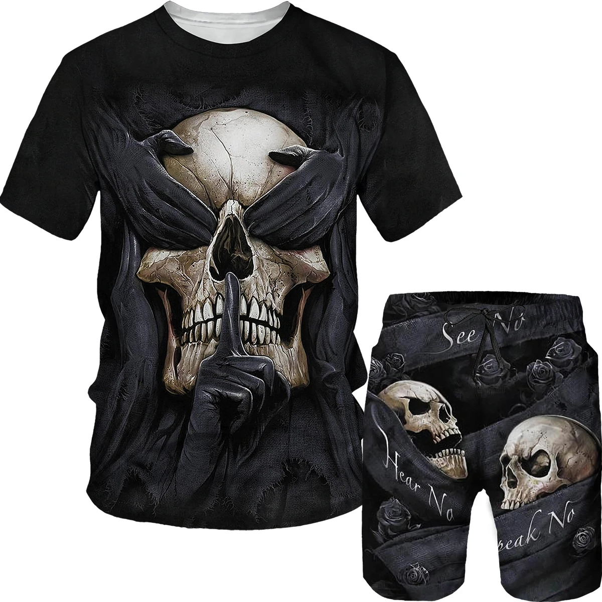 2023 New Summer New 3D Skull Pattern Printed Suit Men's Large Size Casual Fashion Sportswear T-shirt + Shorts Two-piece Suit