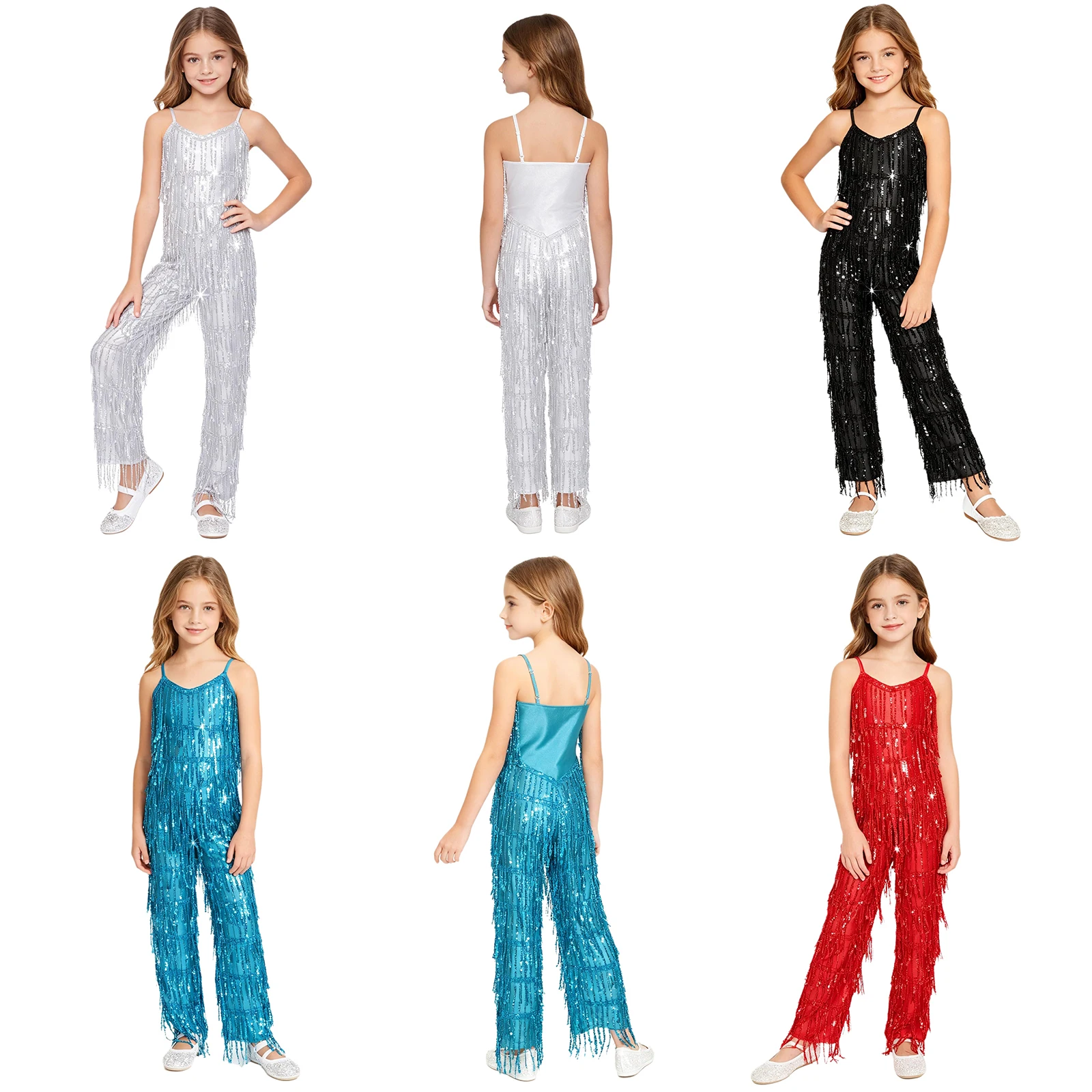 

Детский костюм для девочек на Хэллоуин, для латиноамериканских танцев, ча-ча-ча, многослойный комбинезон с блестящими пайетками и бахромой, регулируемые бретели