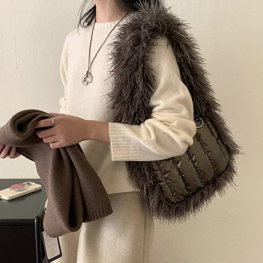 Fluffy Fur Strap Shoulder Bag Nylon Quilted Handbag Designer Bags for Women Cotton Padded Tote Phone Flap Space Down Purses New