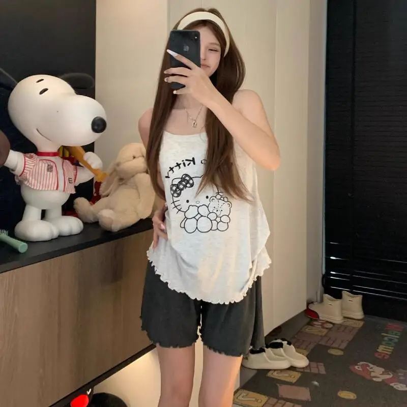 Летние пижамы без рукавов Sanrio, 2 шт., жилет с героями мультфильмов Kuromi для девочек, популярные студенческие шорты «Hello Kitty», модная домашняя одежда My Melody