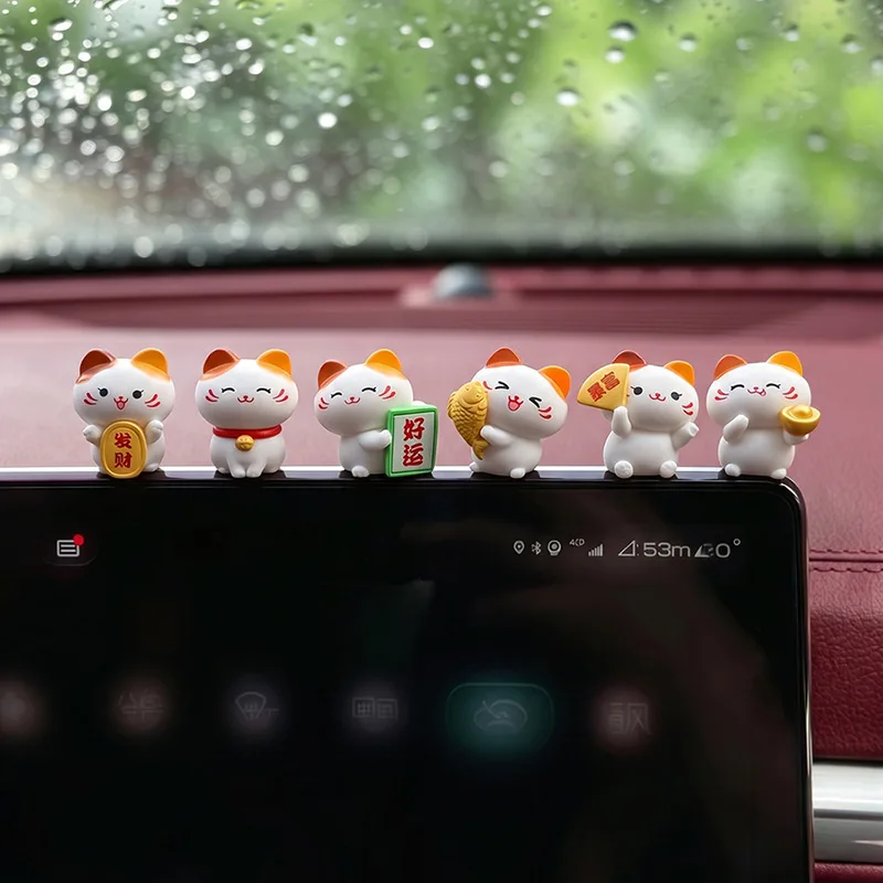 6 Piece Cute Mini Lucky Cat Car Ornament Adorable Fortune Cat Figurine for Dashboard Kawaii Vehicle Interior Decor