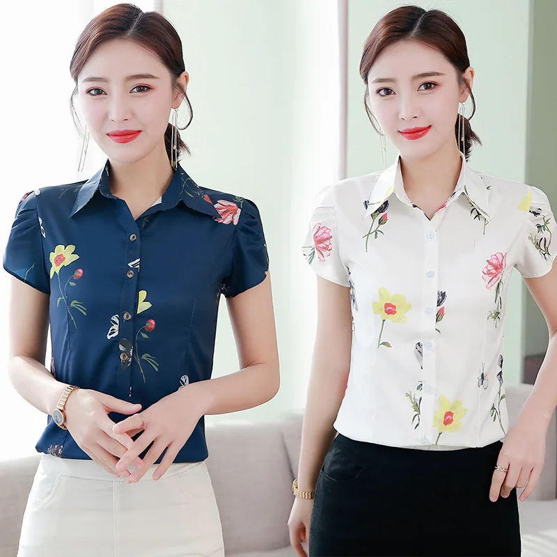 

Women's Short Sleeve Printed Chiffon Shirt Slim Fit Base Layer Top Korean Style Summer New Arrival plus Size Cleanfit Blouse