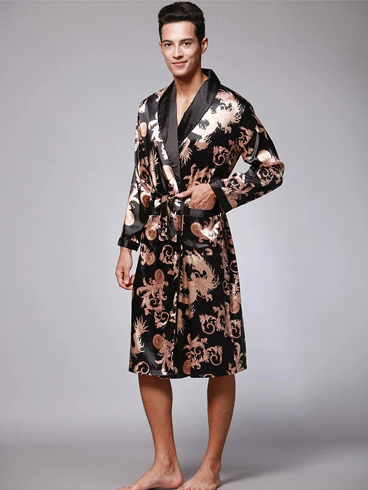 New Printed Pajamas Men's Long Sleeve Home Clothes 100%  Silk Bathrobe Sleep Robe Premium