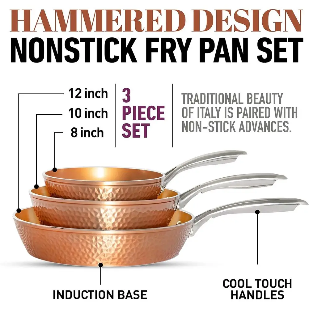 طقم مقلاة نحاسية غير لاصقة، 3 قطع، 8، 10، 12، خالٍ من PFOA، آمن للاستخدام في غسالة الأطباق، مقبض رائع