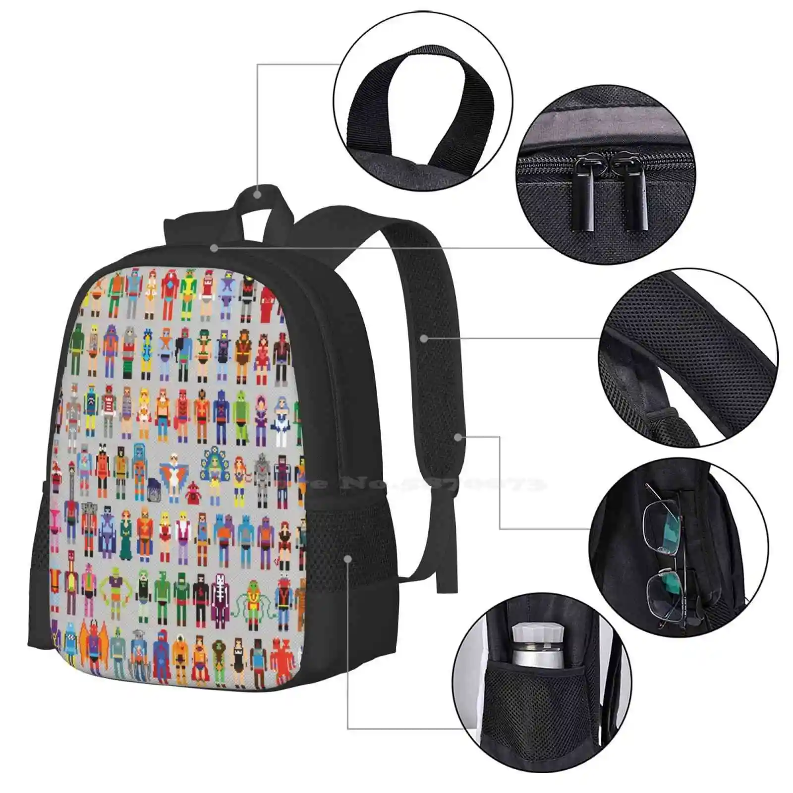 Mochila con diseño de patrones para estudiantes universitarios, conjunto expandido de maestros de 8 bits, bolsas geniales de Nerdy, impresionante Heman Masters Universe, 8 bits