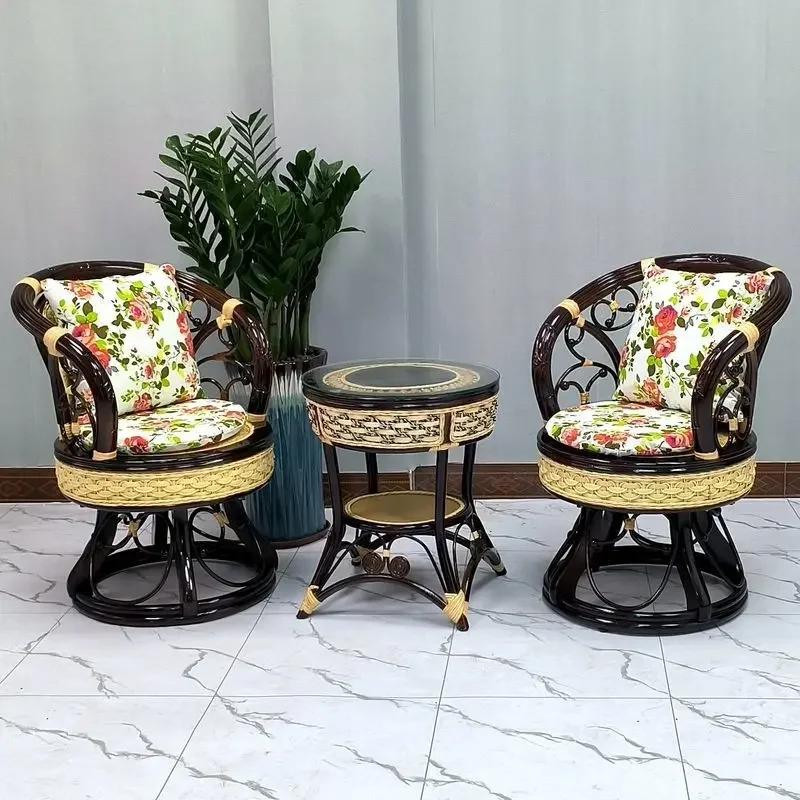 Massivholz-Stuhl mit natürlicher Rattan-Rückenlehne, Möbel, Couchtisch, dreiteiliges Set, drehbarer Freizeitstuhl