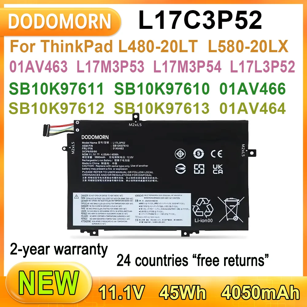 New L17C3P52 Laptop Battery For ThinkPad L480-20LT L580-20LX  L580-20LW L480-20LS 01AV465 SB10K97613 L17M3P53 L17M3P54 L17L3P52