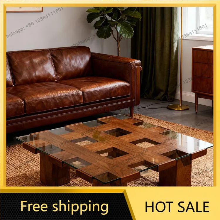 XX. American retro simple solid wood glass coffee table solid high-end living room furniture square table