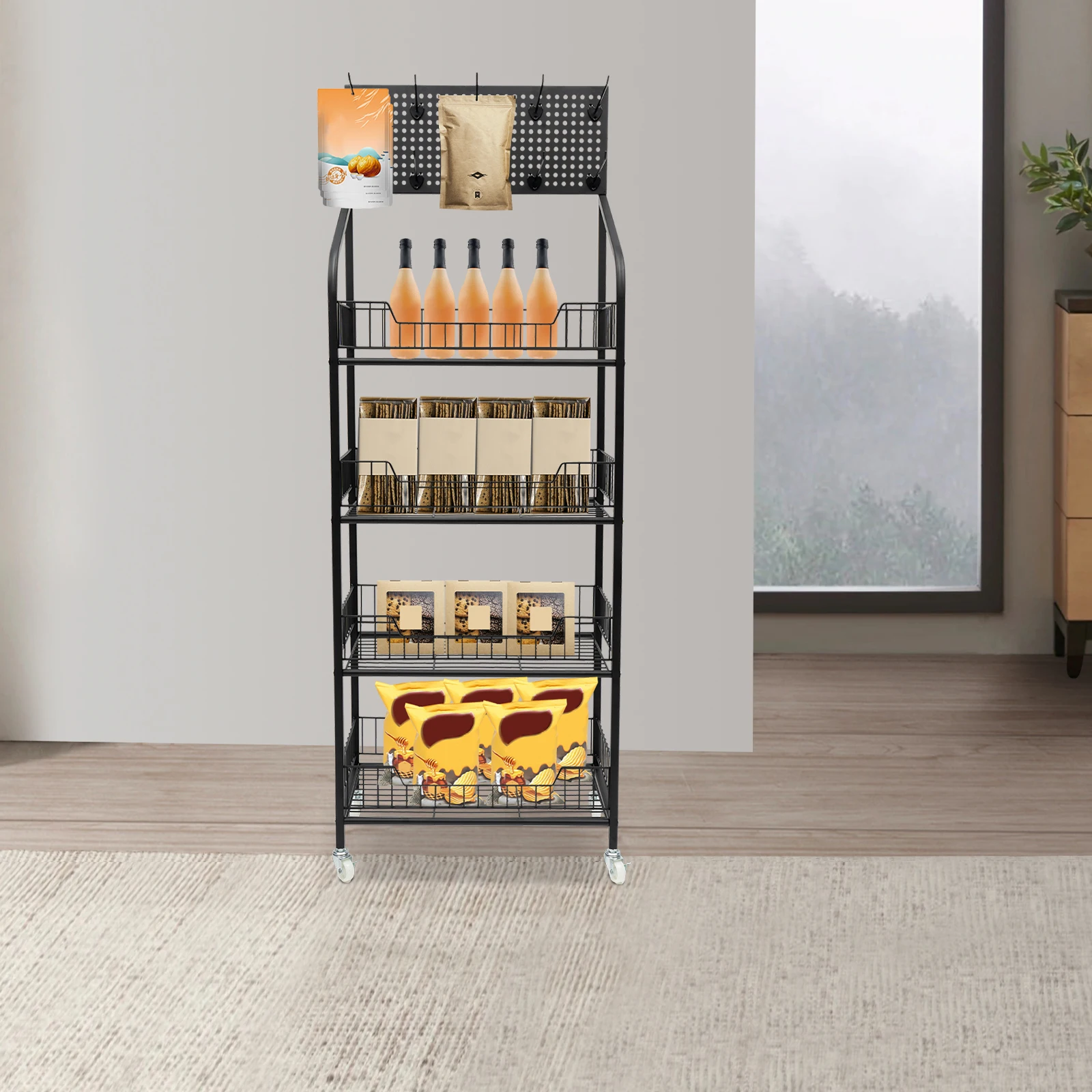 4 Tier Retail Display Rack, Metal Snack Candy Display Organizer, Rectangular Basket Stand Cart, Freestanding Wire Snack Candy Display Organizer