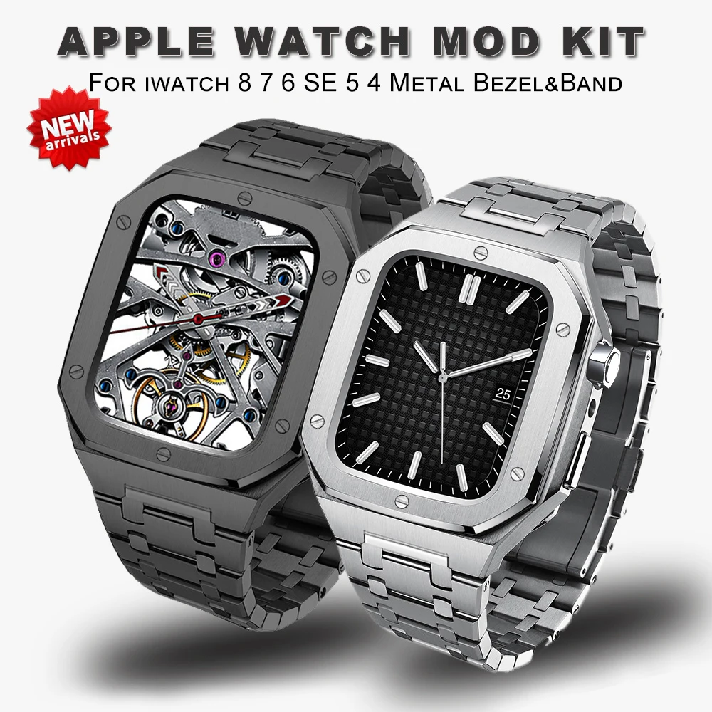 Luxury Refit Mod kit Bezel Case Band For Apple Watch Series 8 7 45mm 6 5 4 SE 44mm Modification Kit Metal steel Band For iWatch