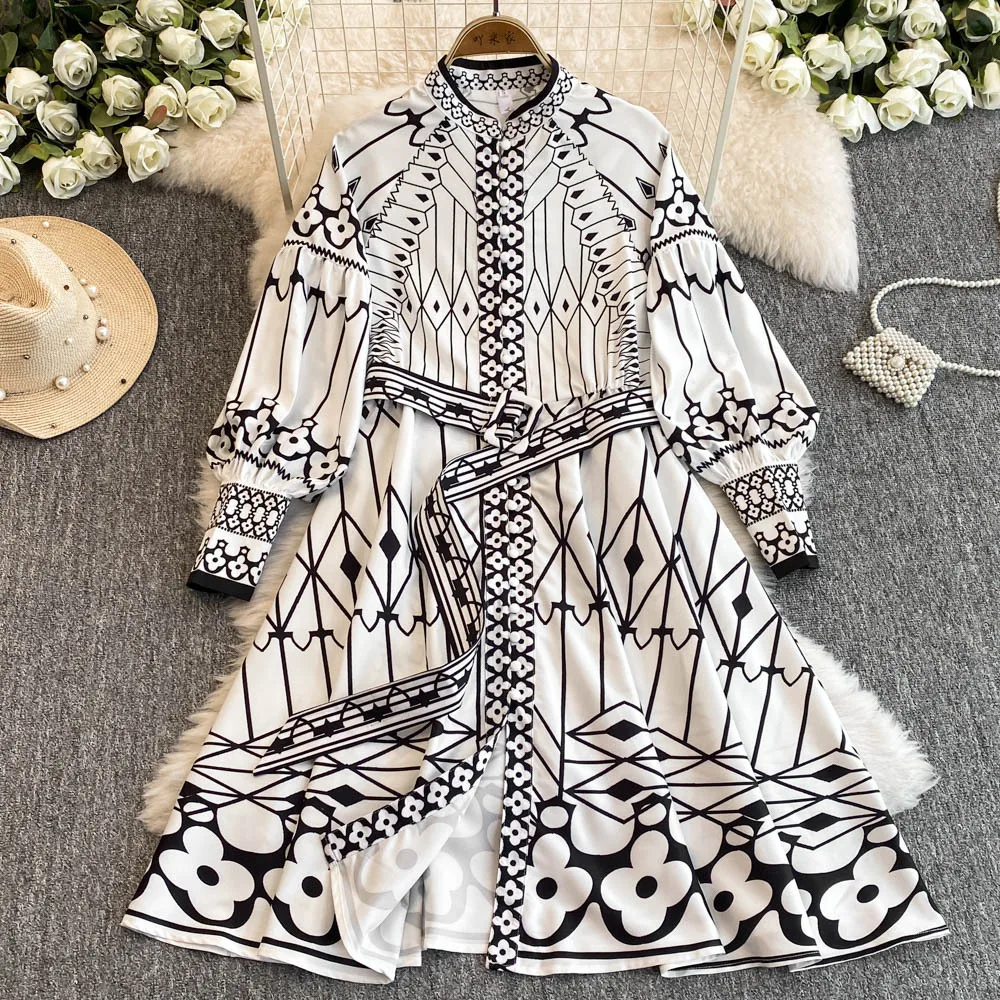 

Autumn Vintage Black White Colorblock Printing Belt Dresses Women's Stand Long Lantern Sleeve Splice Buttons A Line Vestido
