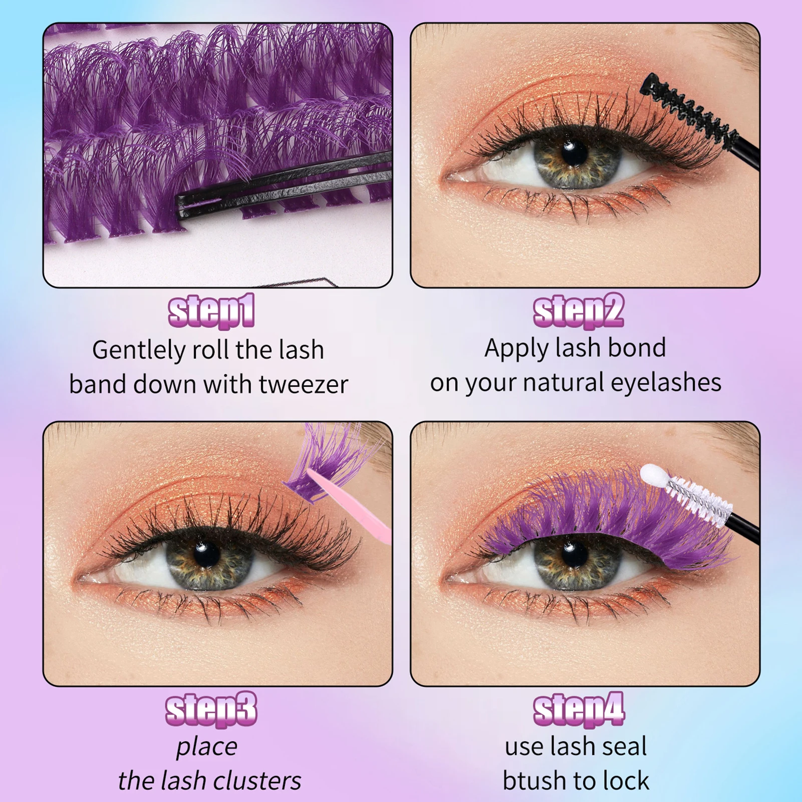 Color Eyelash Extension Kit, colorido Book Bond e Seal Cílios Glue, Fluffy Cluster Cílios para Profissionais, 480Pcs