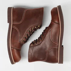 Inverno Vintage Utensili Ali Stivali da moto da uomo Pelle di mucca di qualità Punta tonda Rosso Brwon Casual Caviglie Scarpe Zapatos Hombre