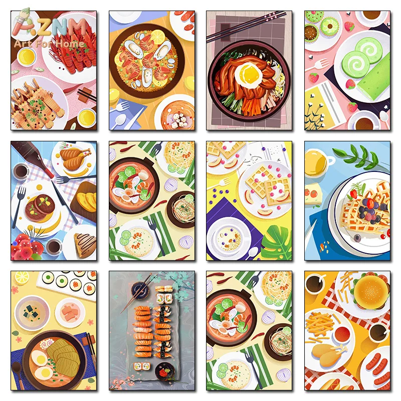 AZNM Cartoon Global Food Canvas Wall Art Print, Sushi Hot Pot Waffle Steak Shrimp Burger Colorful Illustration Kitchen Dining Ro