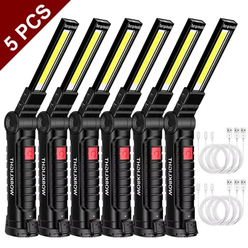 5 יחידות פנס נייד COB LED עם טעינה באמצעות USB, מנורת עבודה מגנטית תלויה עם סוללה מובנית למחנאות