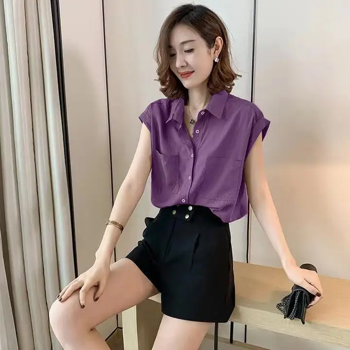 

Ele Design Sense Summer irt ort Sve Women's Cotton Blend Breathable V-Ne Button up Casual Versatile Straight Cut