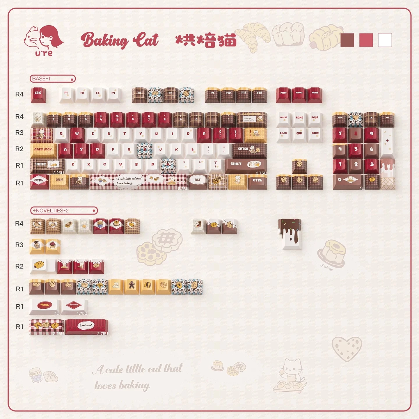 MAIMOOO Baked Cat Keycap Kitty Retro Red Brown Cherry Pbt Sublimation Alice/ansi/iso 2.25/2.75u Customized DIY Keyboard Keycaps