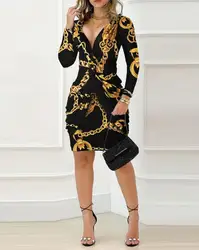 Elegant and Pretty Women's Dresses 2026 Fashion Sexy Deep V-Neck Baroque Chain Print Twist Detail Party Dress Female Clothing